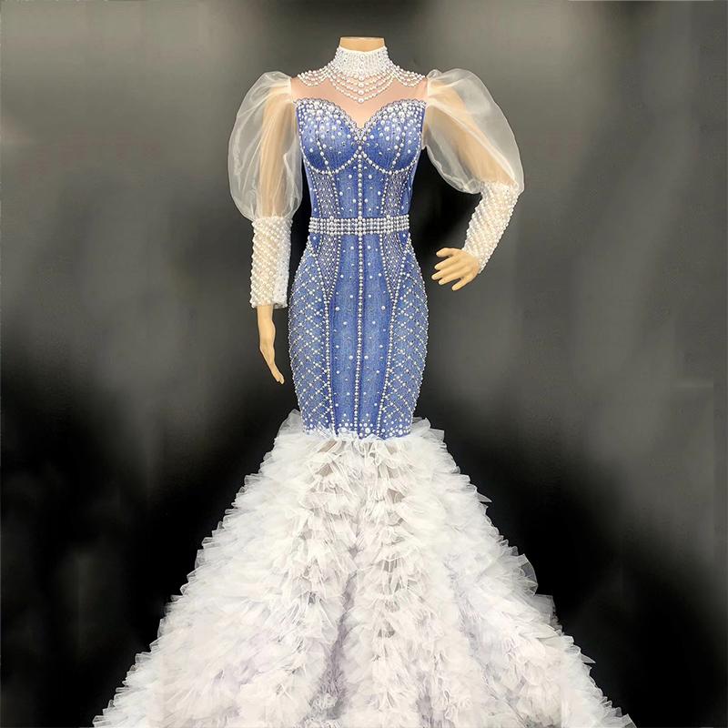 

Singer Beyonce Performance Costume One-Piece Dress Jeans Printed Full Pearl Birthday Evening Party Dress Fishtail Skirt VDB2318