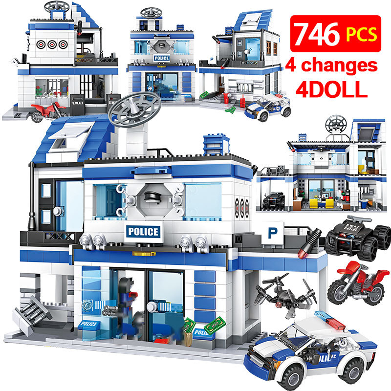 

746PCS City Police Station Building Blocks Military Helicopter SWAT WW2 Car Team Bricks Educational Toys children 1008