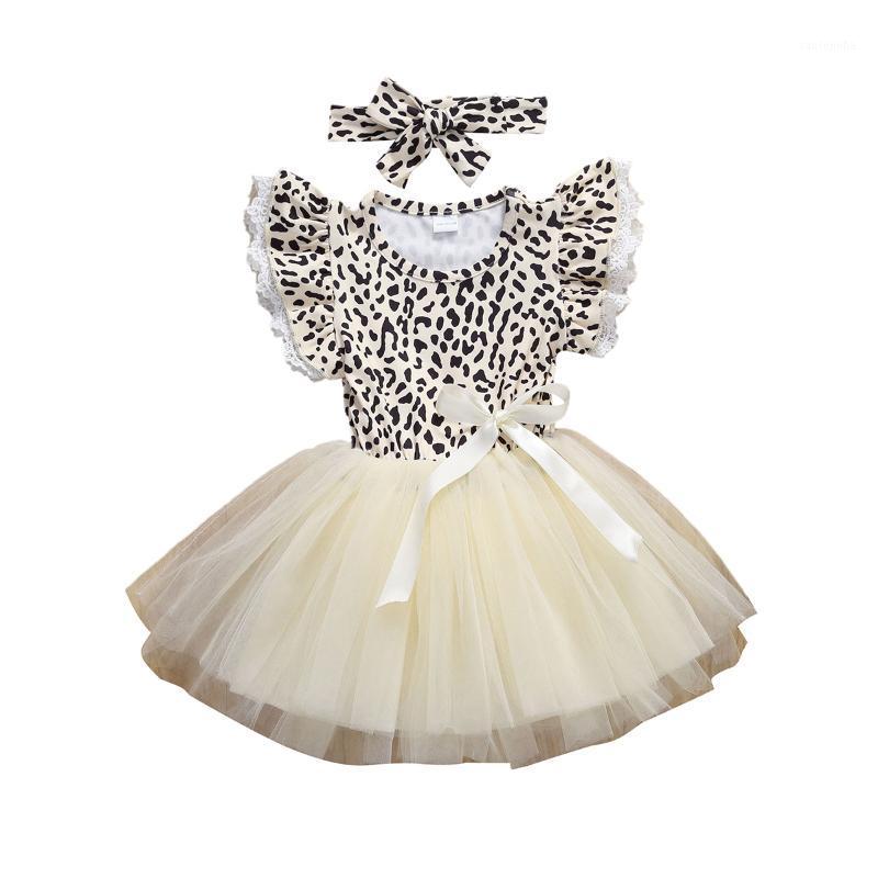 

2020 Lovely Girls Summer Princess Dress Fashionable Leopard Lace Short Sleeve Mesh Bow Headwear Children Princess Party Dress1, As pic