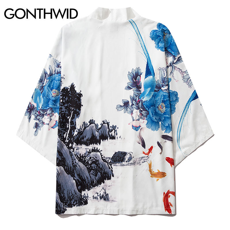 

Peony Flowers Carp Koi Fish Print Japanese Kimono Cardigan Shirts Tops Mens Casual Open Front Jackets Coats Streetwear, White