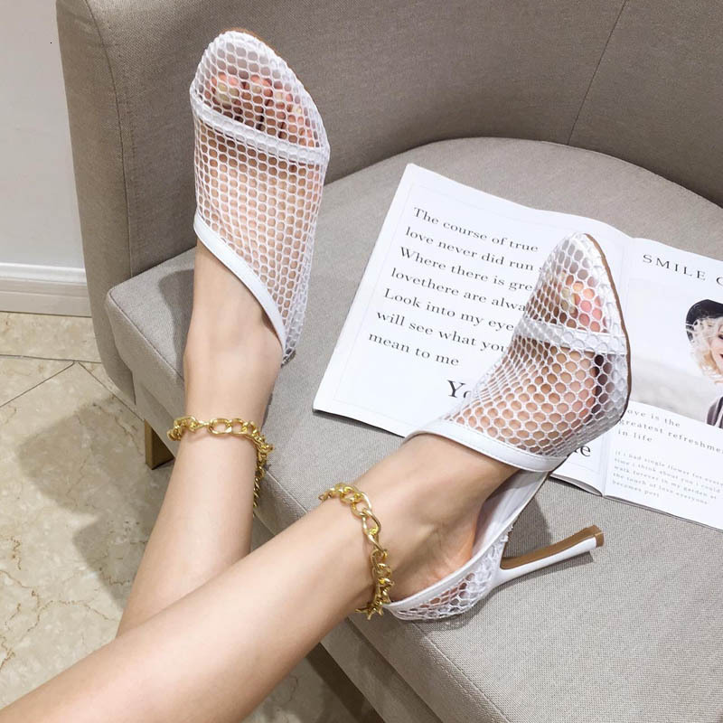 

2021 New Mesh Style Pointed to Small Fragrance Hollow Heel Decorative Metal High Heels Shoes YMFF, Apricot