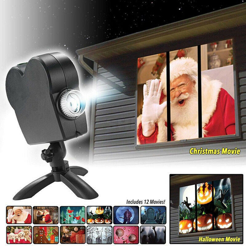 

Christmas Halloween Holographic Projector 12 Movies Halloween Party Christmas Santa Claus Projection Lamp Window Movie Projector LJ201016