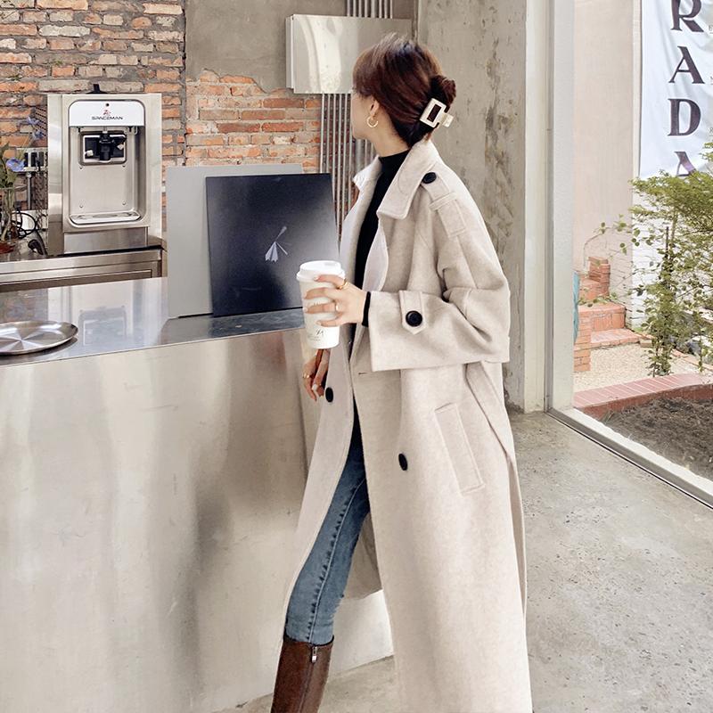 

Winter Women Thickened Over The Knee Western-Style Waisted Woolen Coat, Black