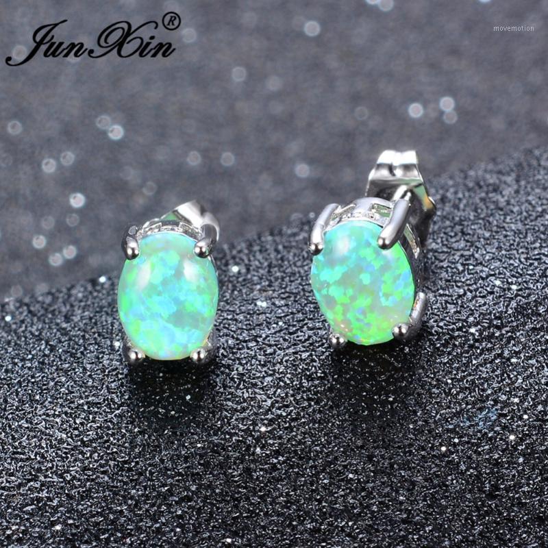 

JUNXIN Female Oval Green & White & Blue Fire Opal Stud Earring Double Earrings For Women1
