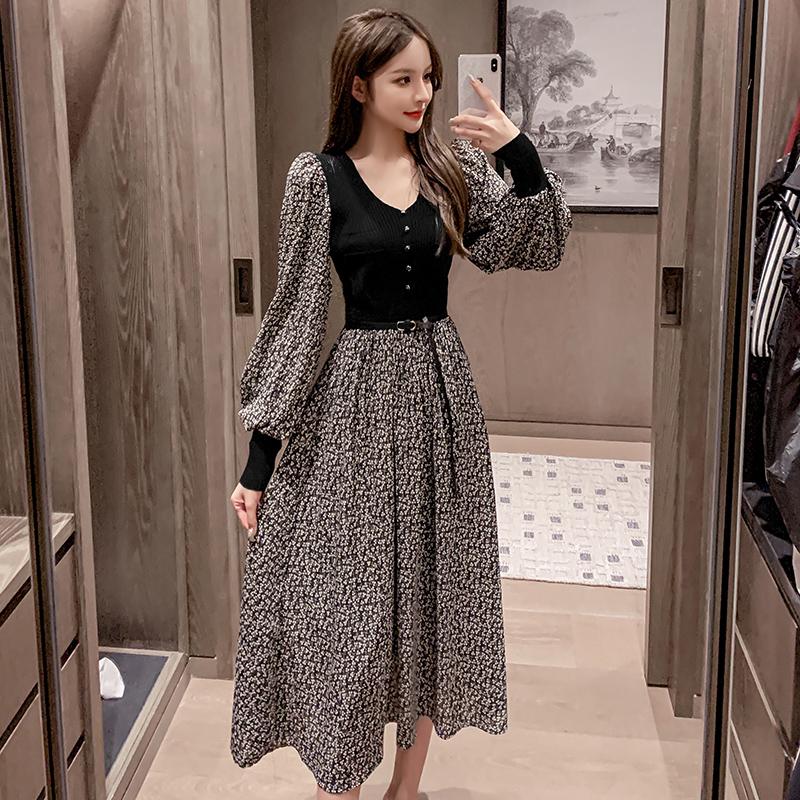

COIGARSAM Fashion Patchwork Women dress New Brief Floral Print Dresses Brown Black 9313