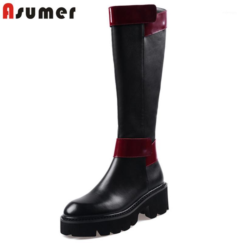 

ASUMER 2020 top quality genuine leather shoes women knee high boots mixed color round toe square heel platform boots woman shoes1, Black short