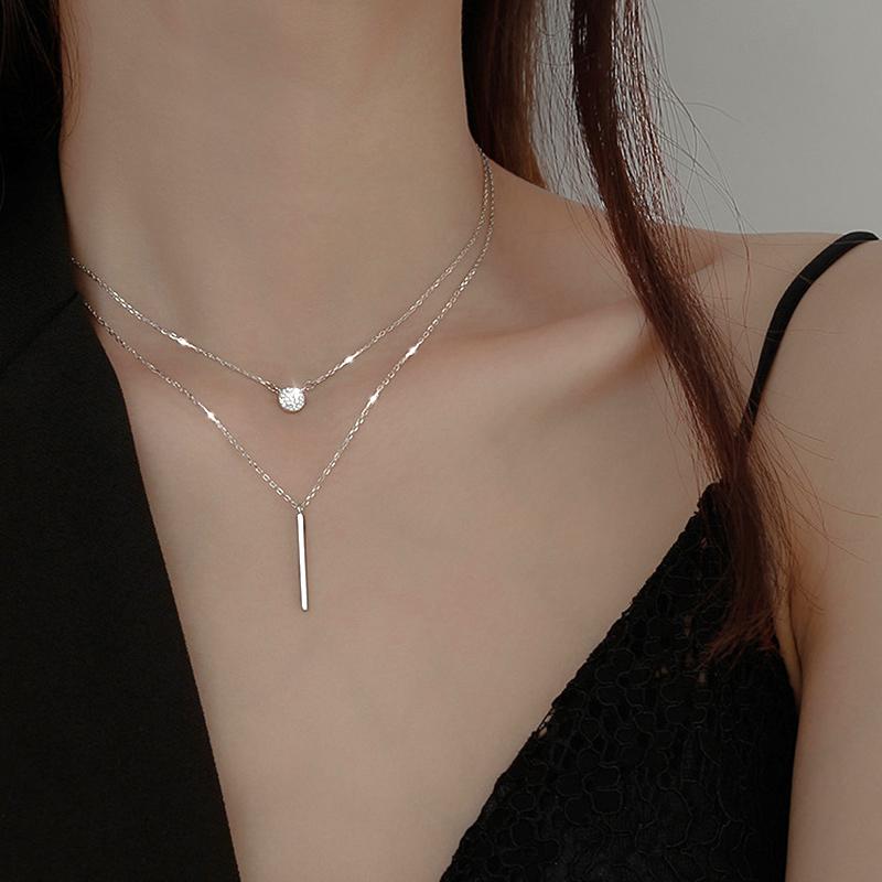 

Rectangle Rhinestone Round Double Layer Necklace Female Clavicle Chain Women Simple Temperament Necklace Jewelry LXH
