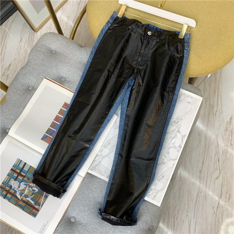 

Women Denim Jeans Splice Leather High Waist Straig Calf-length Pants Spring Autumn, As show picture