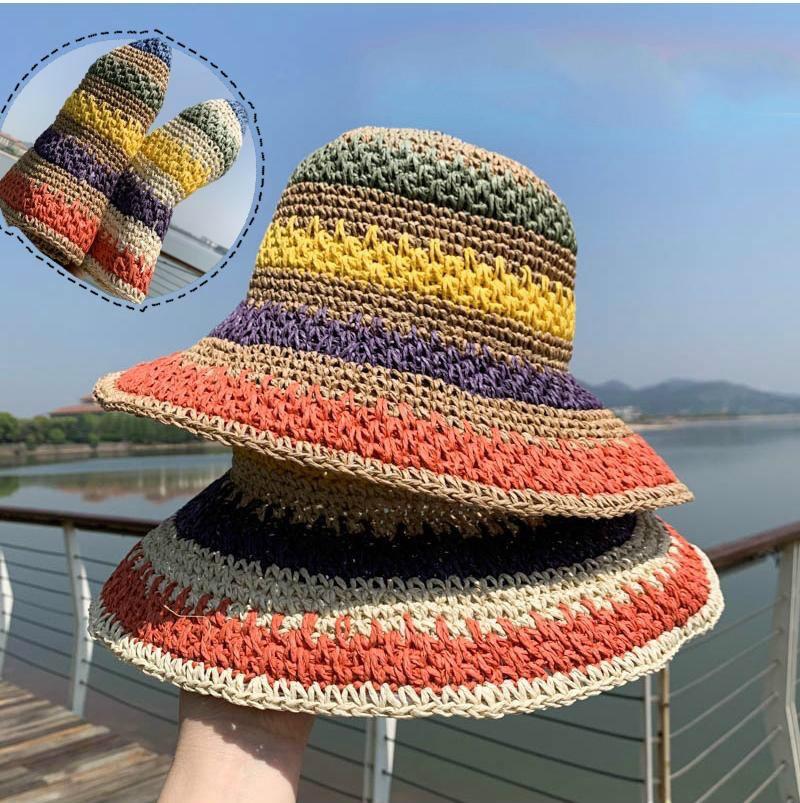 

Summer Women Rainbow Straw Hat Summer Sun Hat Visor Cap Style Bucket Cap Strawhat Beach Outdoor Girl, Khaki