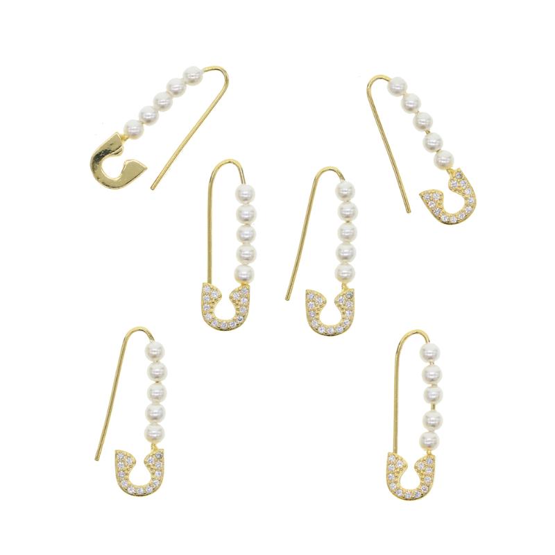 

women girls delicate pearl charm earring jewelry Gold color sparking bling unique disco bead moving pearl safety pin earring