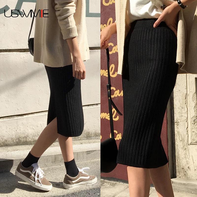 

Free Shipping Skirts Womens Fashion Leisure Comfort Solid Color Thickened Split Wool Knitted Plus Size Long One Step For Women, Black