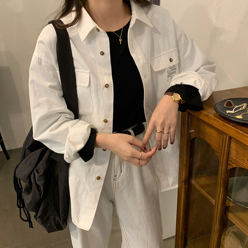 

2021 New Double pocket lapel with sleeve female Korean Autumn solid color breasted seam casual shirt jacket AAV7, White
