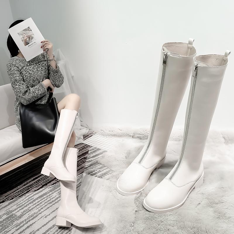 

REVT Ladies Boots Hot Sale Women's Front Zipper Boots 4cm Heel High Rider Long Knee Black White Leather shoes 33-431, Black singel