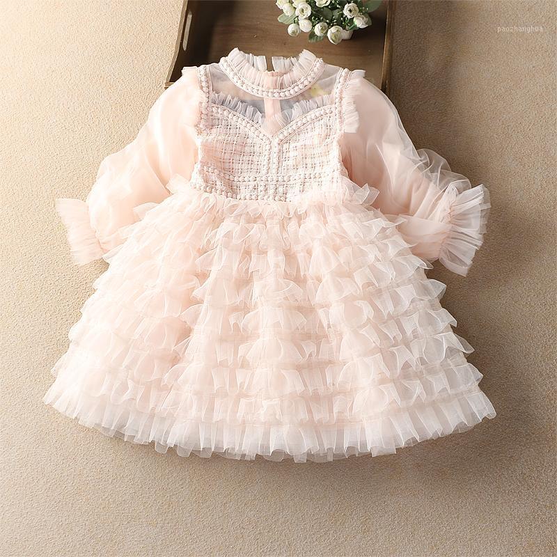 

baby spring dress layered lantern sleeve girls dress lace infant birthday Princess children clothes 4-9y girl clothes1, Beige