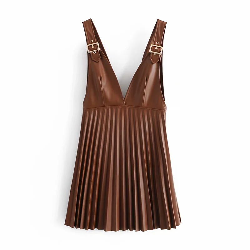 

New 2021 Faux Leather Pinafore Pleated Mini Women Winter Sleeveless Spaghetti Strap Dress Woman Chic Casual Dresses A1rc, Brown