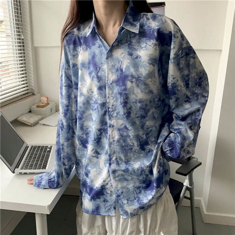

2021 New Ink Tie-dye Women Blouses Long-sleeved Female Design Sense Niche Shirt Autumn Korean Loose All-match Blouse Top 4ysq, Grey