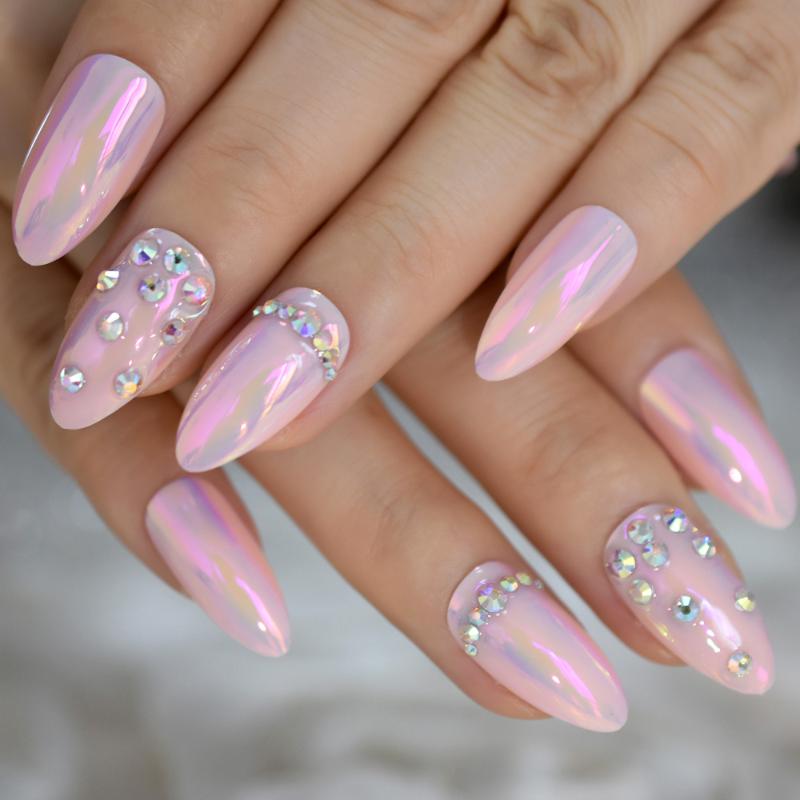 

Shiny Pink Chameleon Mirror Stiletto False Nails Amlond Sharp Artificial False Nail Tips for Office Home Faux Ongle Free Sticker, L5289