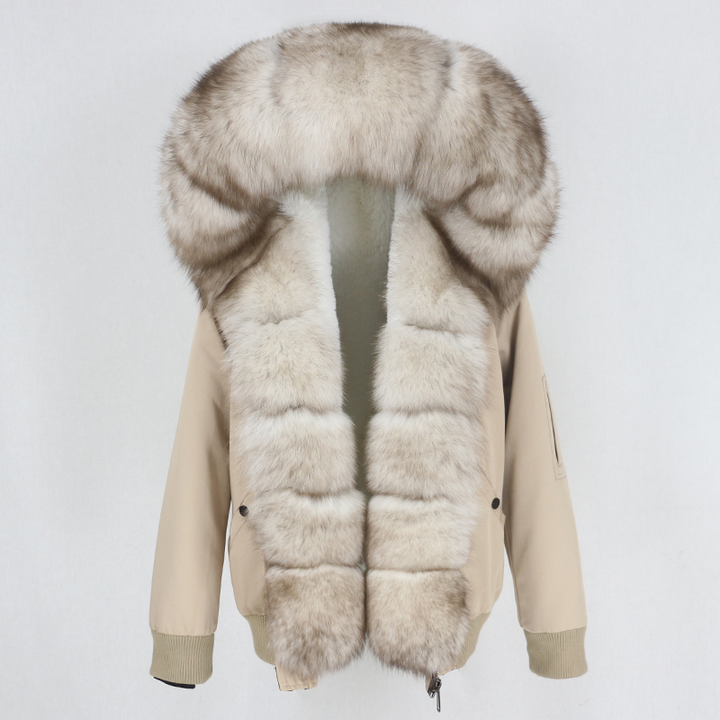 

OFTBUY New 2020 Waterproof Bomber Parka Winter Jacket Women Real Fur Coat Natural Fox Fur Collar Hood Warm Streetwear Detachable, Pure white