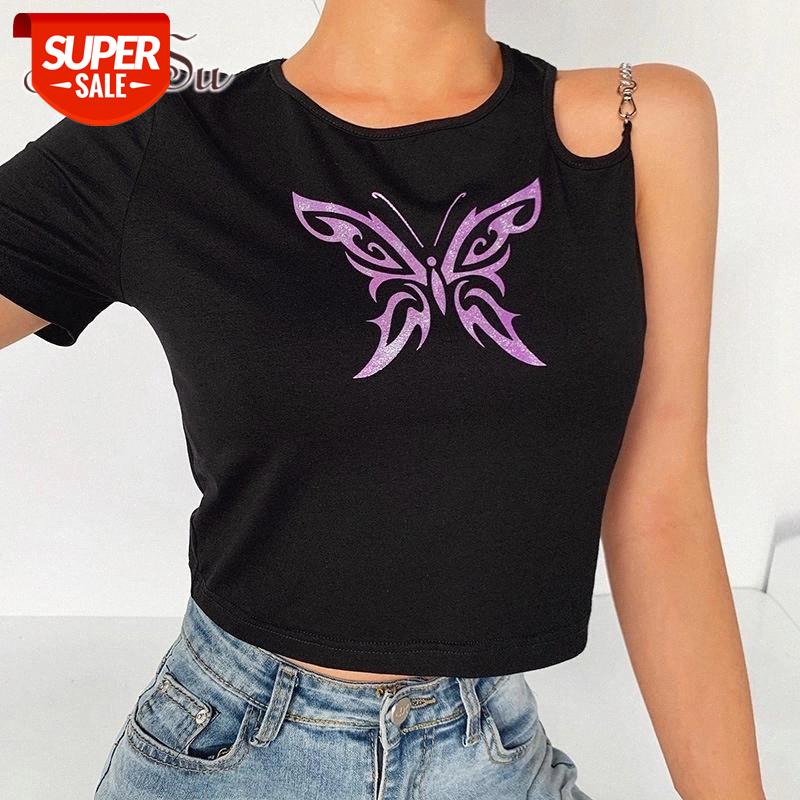 

ArtSu Sexy Short Sleeve One Shoulder Butterfly Chain Strap Black Crop Top 2020 Summer Women Basic T Shirt Streetwear ASTS28018 #gf1c, White