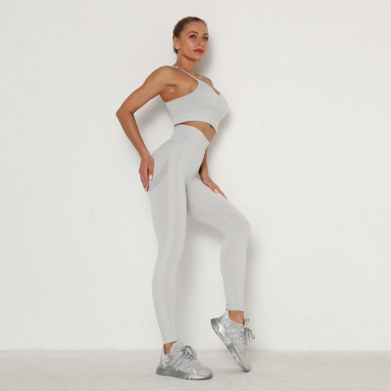 

Women Seamless Yoga Set Knitted Buttocks Moisture Wicking Gym Bra Legings Sports Fitness Pants Sexy Show Hip Female Clothes Suit, Blue gray bra