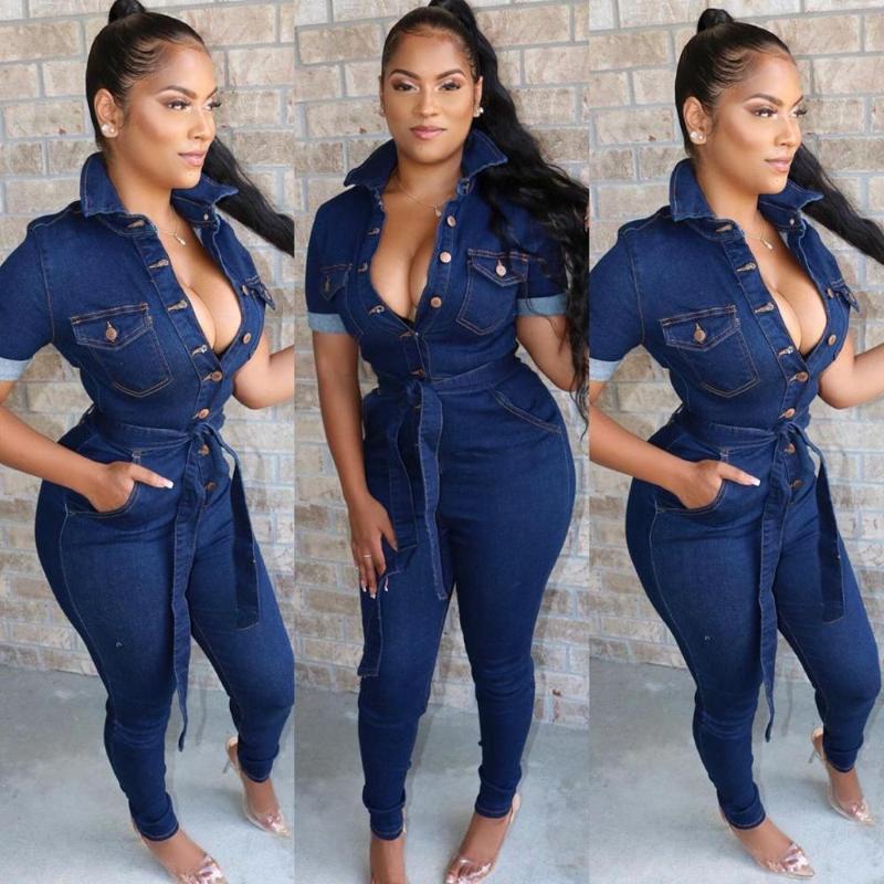 

Women Casual Blue Denim Jumpsuit Summer Deep V Neck Short Sleeved Pencil Jeans skinny Denim Jumpsuit, As pic