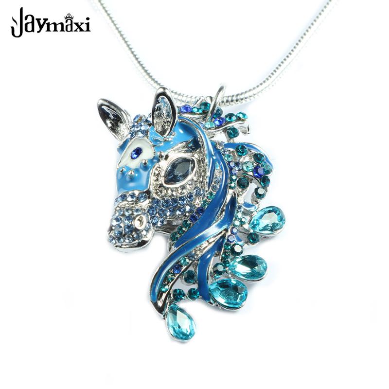 

Chains Jaymaxi 3D Horse Pendant Necklace Silver Color Snake Chain 24inch Blue Purple Black Rhinestones Gift For Girls