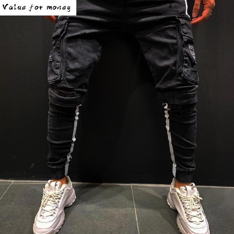 

Patchwork Jeans Denim Men Pencil Pants Slim Fit Biker Skinny Ripped Jean Jogger Big Side Pocket Stripe Hip Hop Cargo Trousers, Black