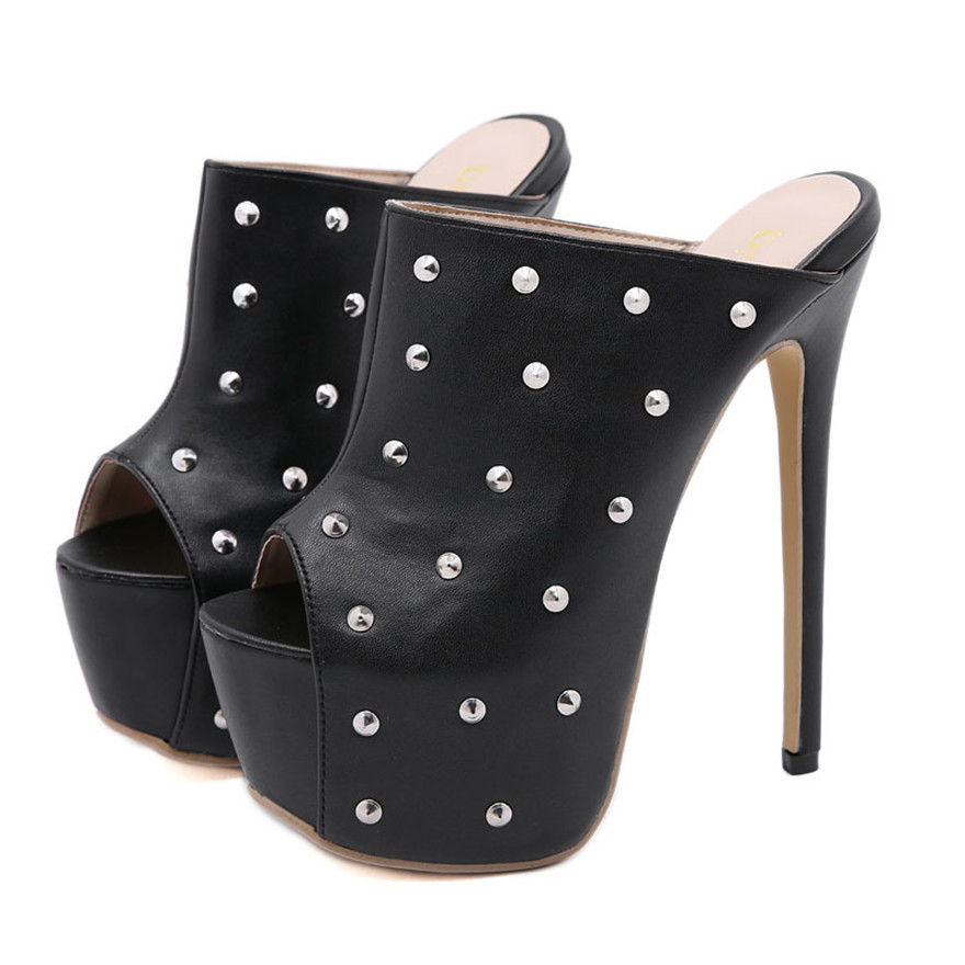 

Women High Platform Slippers Pumps 2021 Super High Heels 16cm Ladies Retro Rivets Shoes Peep Toe Soft Leather Party Sandal Black X1020