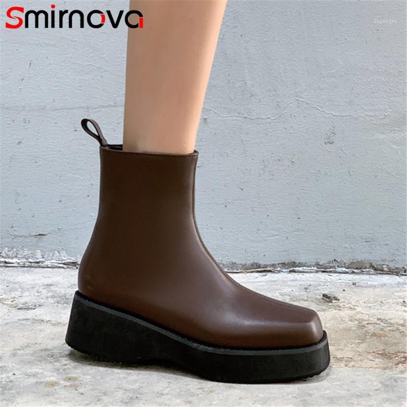 

Smirnova 2021 big size 47 flat platform shoes women ankle boots square toe zip solid colors autumn winter boots ladies black1, Black not fur