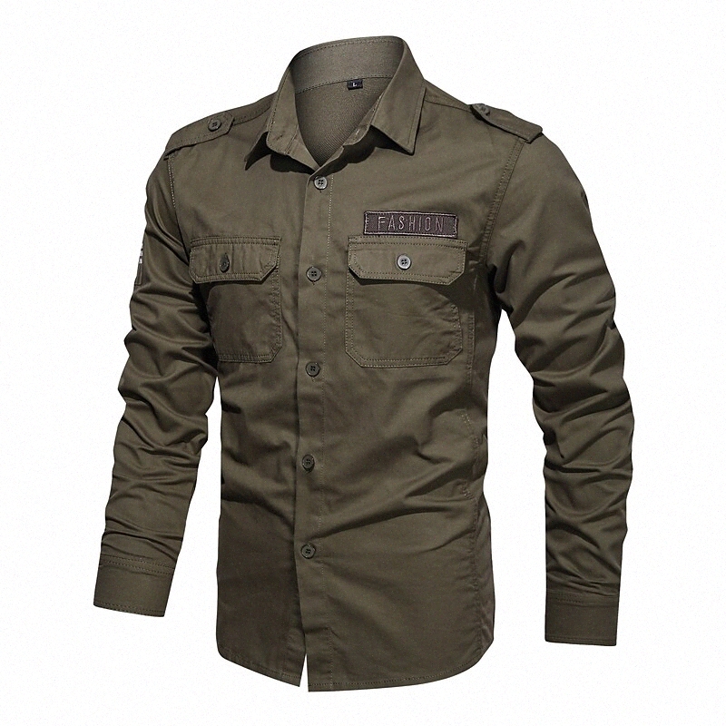 Chemise masculine Bouton de couleur solide Collier quotidien Daily Manches à manches longues Coton Basic Army Black Army Kaki 38FS #