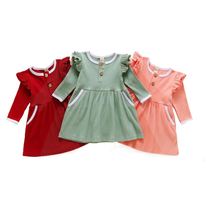 

1-5Y Newborn Girls Warm Dress Autumn Winter Toddler Kids Baby Girls Knitted Pocket Long Sleeve Button Dress for Children, Ah4639