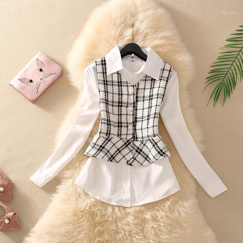 

2021 Women Autumn Winter Sweater 2 Piece Set Lady Plaid Knitted Vest Long Sleeve Blouse Suits FemaleI Button Casual Slim Set I171, White
