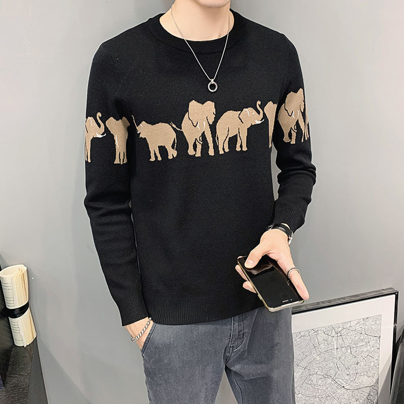 

Male 2021 Sweater Autumn New Personality Beautiful Mesh Based Fashion Around the Neck Gray Warm Clothes YNL3, Black