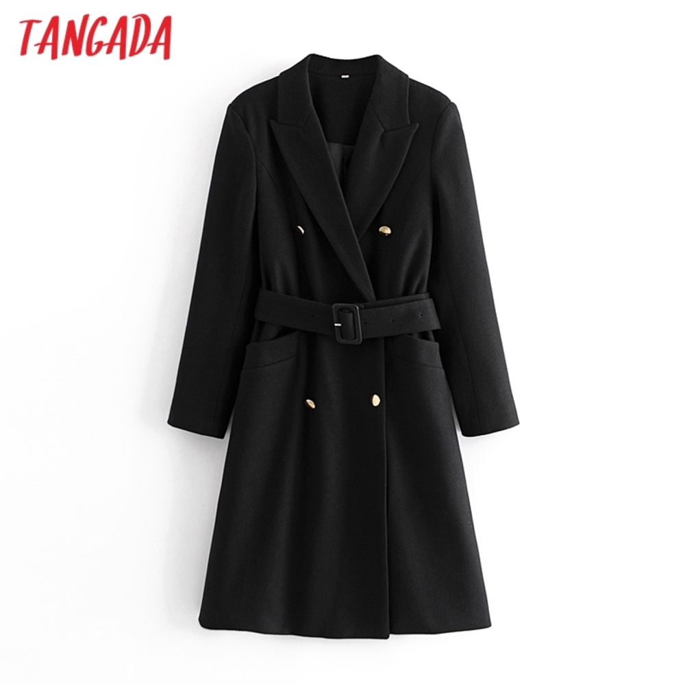 

Tangada Women 2020 Winter Elegant Black Woolen Coat With Slash Pockets Female Outerwear Chic Overcoat 3W49, Tan;black