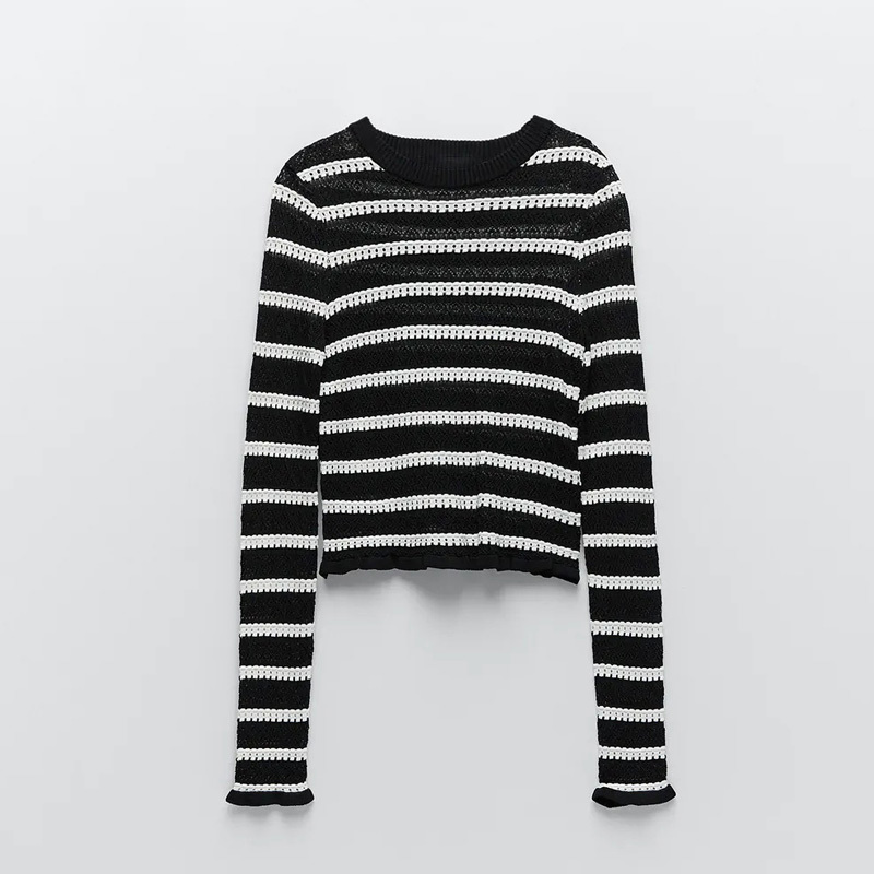 

2021 New Fashion Woman Sweaters Striped Long Sleeve Pointelle Knit Topd Women Sweter Winter Jerseys Pullover Round Neck Top Si2w, Black