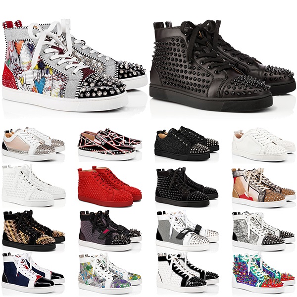 

2021 red bottoms designer men women shoes spikes high top sneakers Black White Glitter Grey leather suede mens womens casual shoe size 35-47, #1