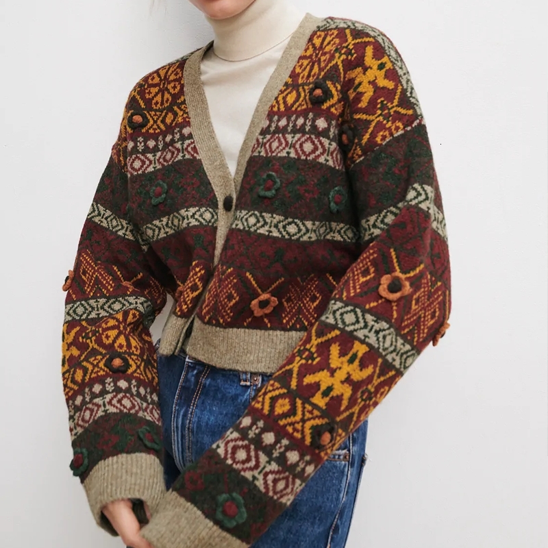 

2021 New Autumn Winter Women Striped Printed Cardigan Warm Long Sleeve Vintage V-neck Tops Lady Sweater Y7rh