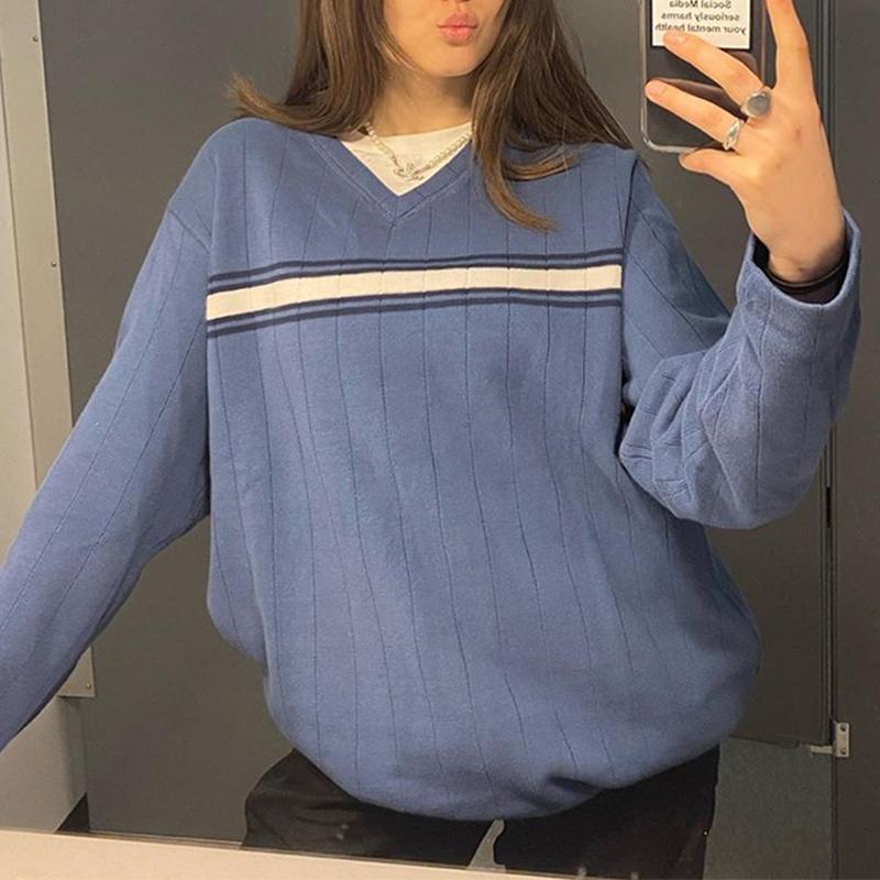 

Striped V Neck Oversized Sweater Women Casual Loose Knitted Jumper Ladies Preppy Style Vintage Korean Knitwear Autumn, Blue