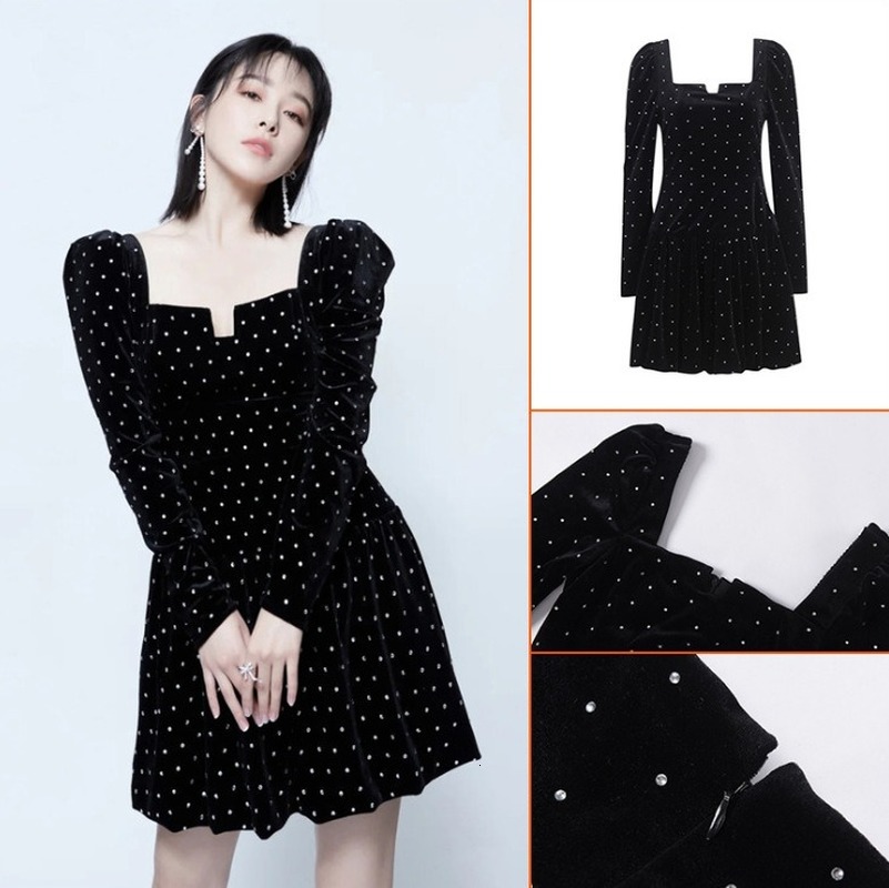 

High Quality Female Designer Mini Velvet Retro Luxury Diamonds Party Stitches 2021 Elegant Lady Sexy New Dress Snrc, Black
