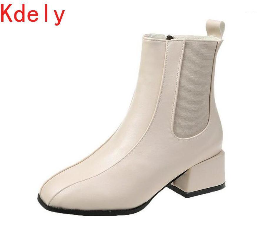 

2021 Autumn Fashion Women Ankle Boots Square Toe Low Heel Shoes Woman Back Elastic Band Short Booties Black White Botas Mujer1, Beige