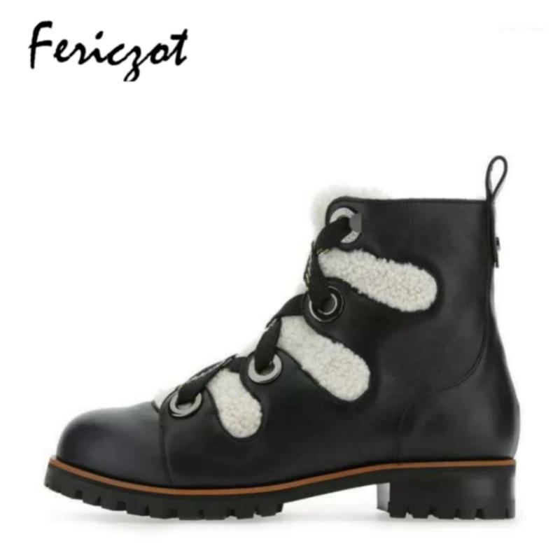 

Fericzot genuine leather round toe Lamb ankle boot fashion new style casual women shoes comfortable platform boots1, Black