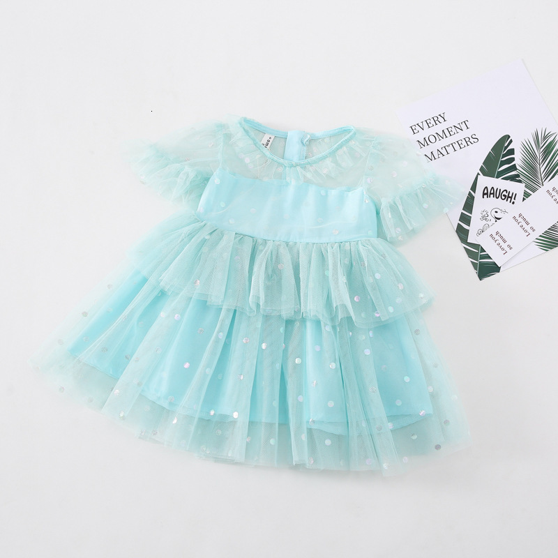 

2021 New Summer Clothes Flare Sleeve Sequined Lace Children's Layered Girls Clothing 1qda, Sky blue