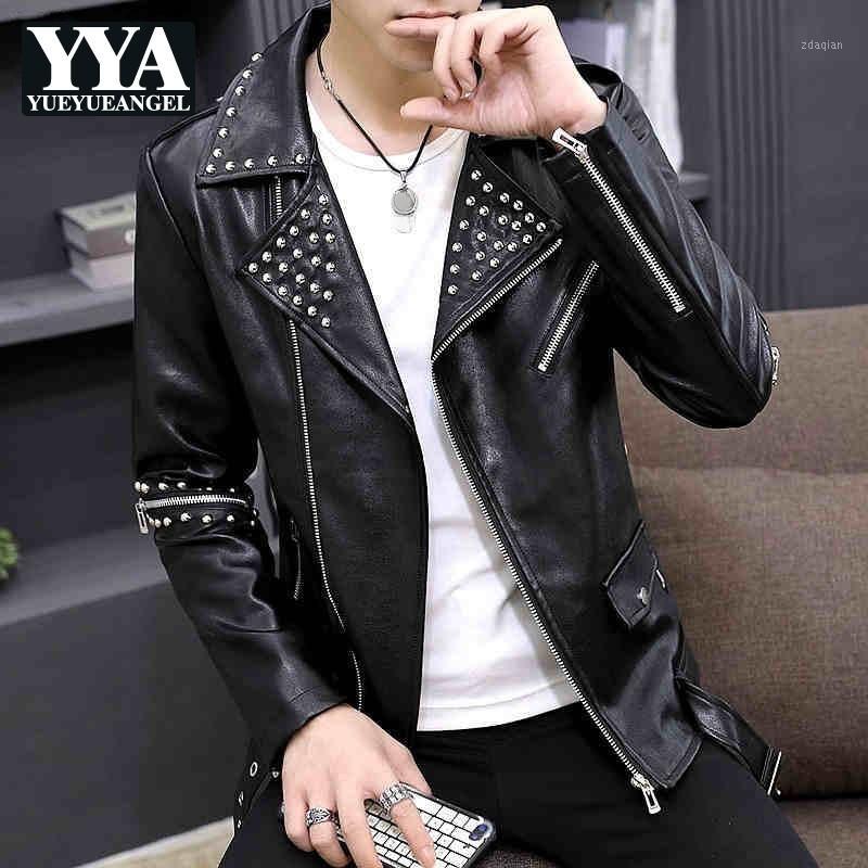 

Personality Men Rivet Leather Jacket Fashion Punk Zipper Motorcycle Coat Teenager Nightclub Casual Pu Leather Lapel Slim Jacket1, Black