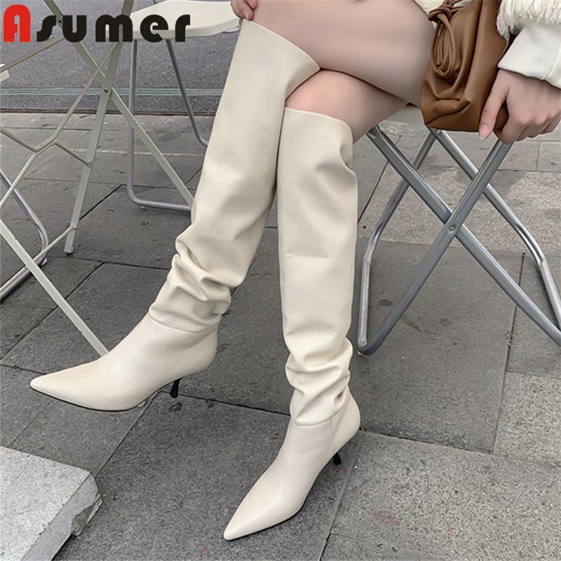 

ASUMER 2020 New arrive genuine leather knee high boots women pointed toe sexy thin high heel boots ladies autumn winter, Black with fur