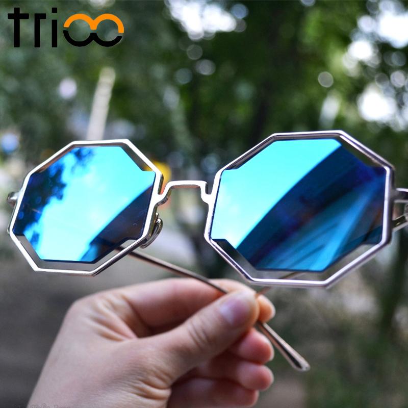 

TRIOO Fashion Street Show Polygon Sunglasses Metal Gold Frame Puzzle Design lunette Super Cool Flat Round Pixel Glasses