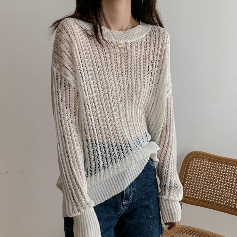 

Women's Blouses & Shirts White Blouse Women Chic Autumn Korean Style Hollow Out Sunscreen Sweater Long-sleeved Retro Thin Loose Lady Tops157