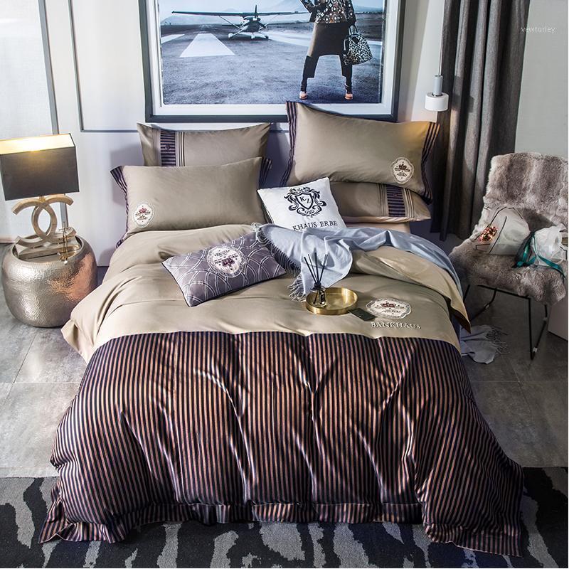 

2020 Coffee stripe Bedding Set king queen size mans Duvet Cover and Pillowcases Brief Style Bed Linen1