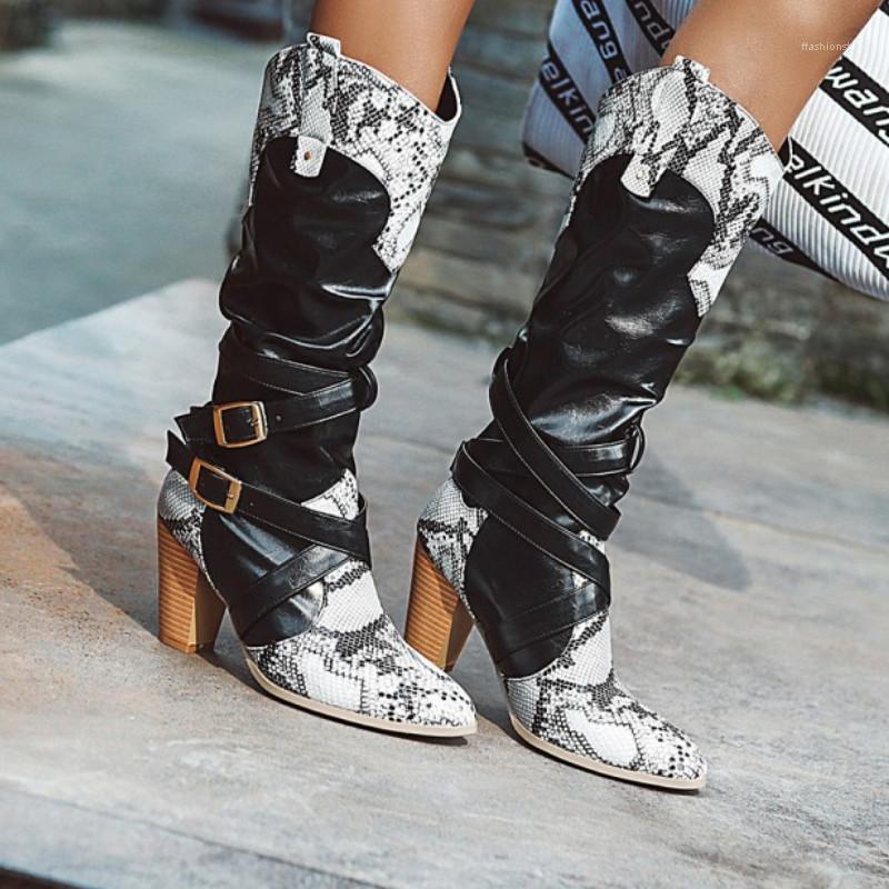 

Fanyuan Boots Patchwork Knee High Boots For Women Fashion Wedges Shoes Pointed Toe Buckle Snakeskin Pattern Footwear Size 33-461, Black