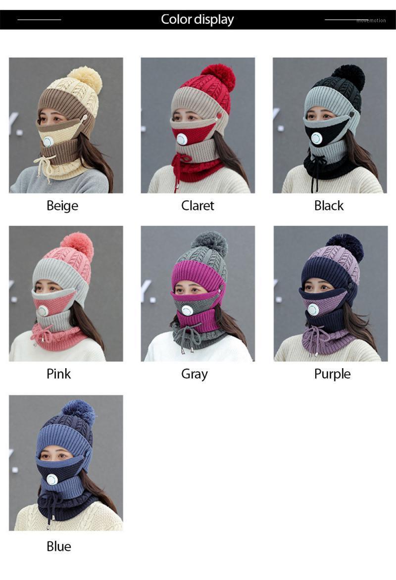 

1pcs Women's Winter Thick Warm Hat Hat Face Mask Bib One-piece Plus Velvet Outdoor Cold Protection Color Matching Knitted1, 02
