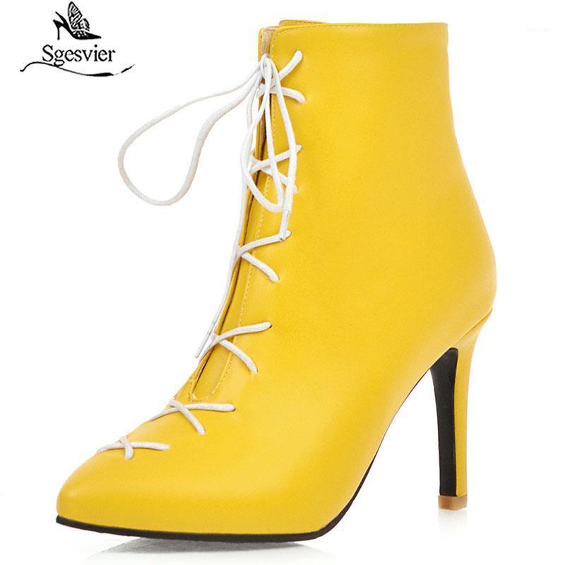 

Sgesvier Stiletto Pointed Toe High Heel Boots Women Fashion Party Lace Up Yellow Casual Winter Shoes Women Sexy Ladies Shoe G7611, Black